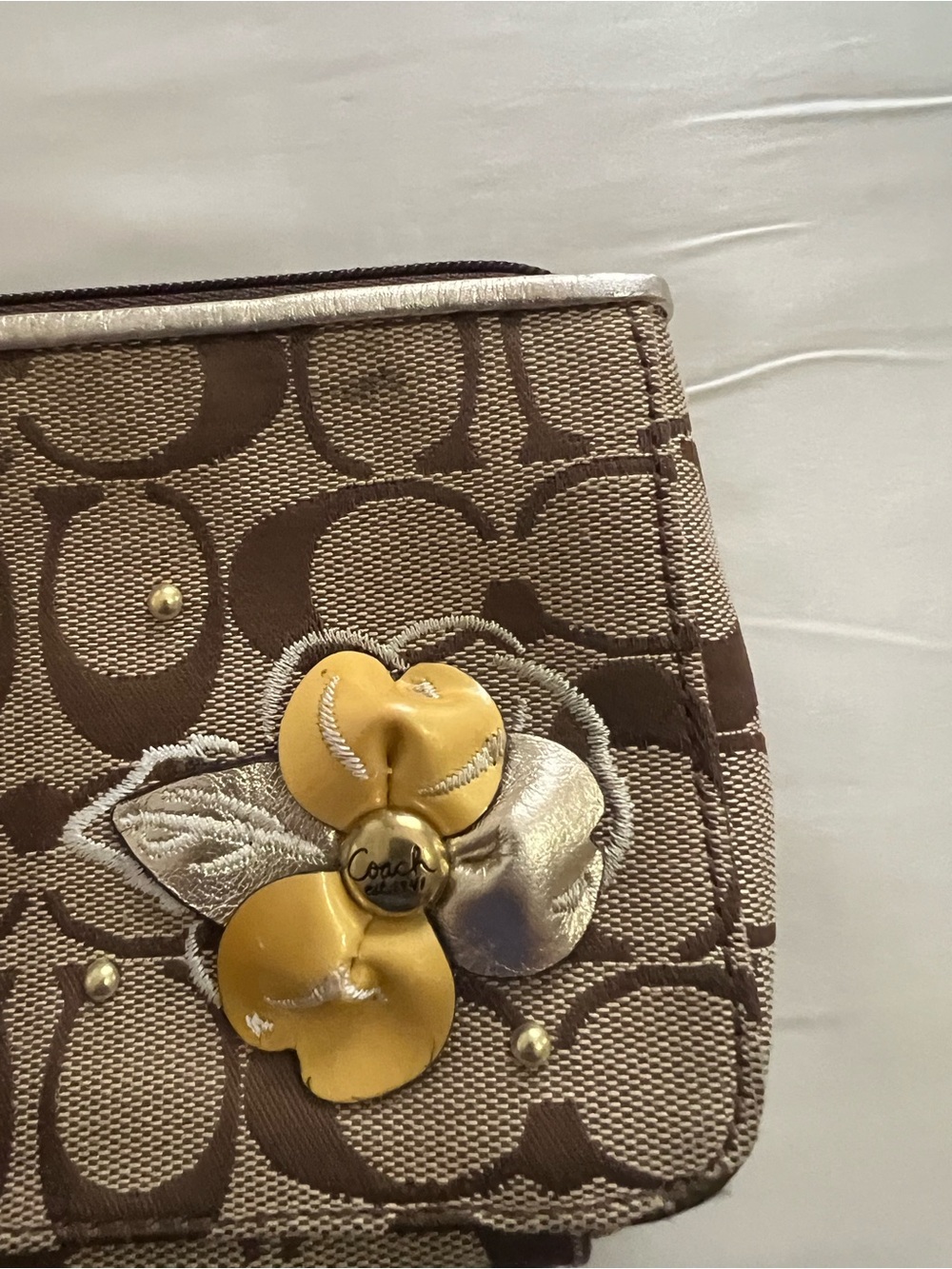 Coach Brown Signature Canvas Wristlet with Flower - Picture 2 of 3